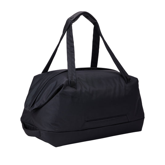 Thule Subterra 2 35L duffel bag in black with handles and adjustable shoulder strap, designed for travel and storage.