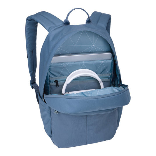 Thule Indago 23L backpack in black with multiple compartments, designed for travel and everyday use, featuring padded shoulder straps.