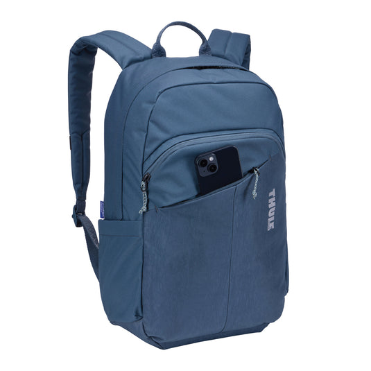 Thule Indago 23L backpack in black with multiple compartments and padded straps, designed for travel and everyday use.