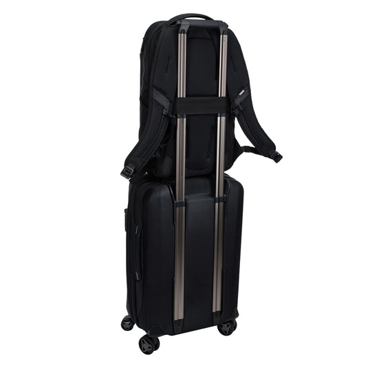 Thule Accent Recycled Backpack 23L in black with multiple compartments, designed for travel and everyday use.