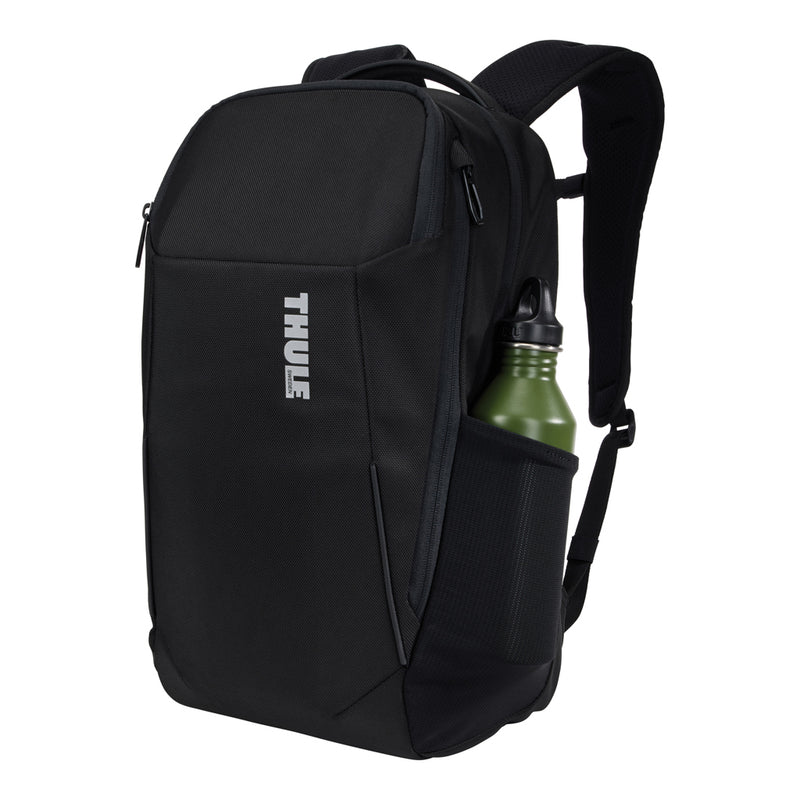 Load image into Gallery viewer, Thule Accent Recycled Backpack 23L in black with multiple compartments and padded shoulder straps for travel and everyday use.
