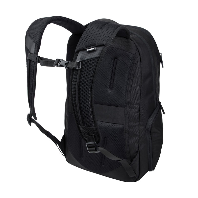 Load image into Gallery viewer, Thule Accent Recycled Backpack 23L in black, featuring padded shoulder straps, front zipper pocket, and environmentally friendly design.
