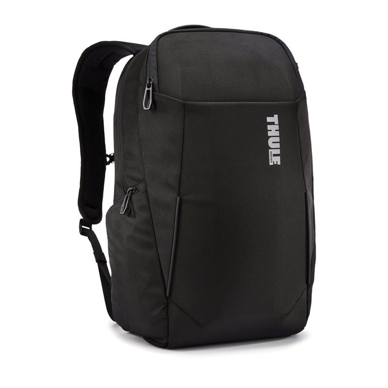 Load image into Gallery viewer, Thule Accent Recycled Backpack 23L in black with multiple compartments and padded straps, designed for everyday travel and organization.
