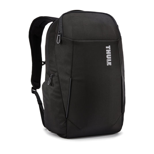 Thule Accent Recycled Backpack 23L in black with multiple compartments and padded straps, designed for everyday travel and organization.