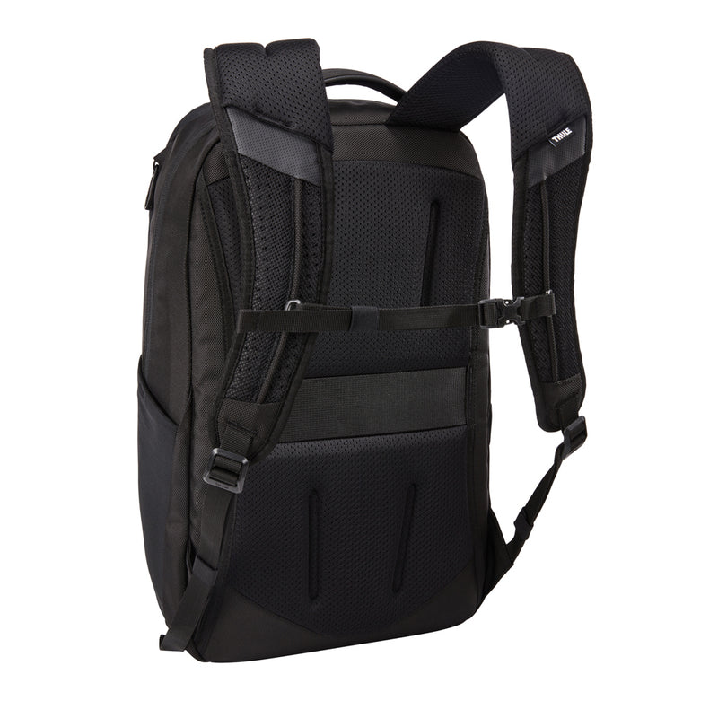 Load image into Gallery viewer, Thule Accent Recycled Backpack 23L in black with multiple compartments and padded shoulder straps, designed for everyday use.
