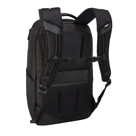Thule Accent Recycled Backpack 23L in black with multiple compartments and padded shoulder straps, designed for everyday use.