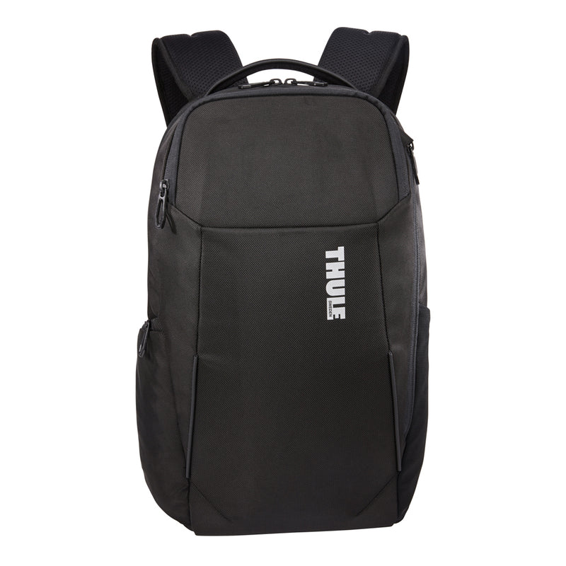 Load image into Gallery viewer, Thule Accent Recycled Backpack 23L in black, showing the front view with main zipper compartments and adjustable straps.
