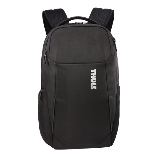 Thule Accent Recycled Backpack 23L in black, showing the front view with main zipper compartments and adjustable straps.