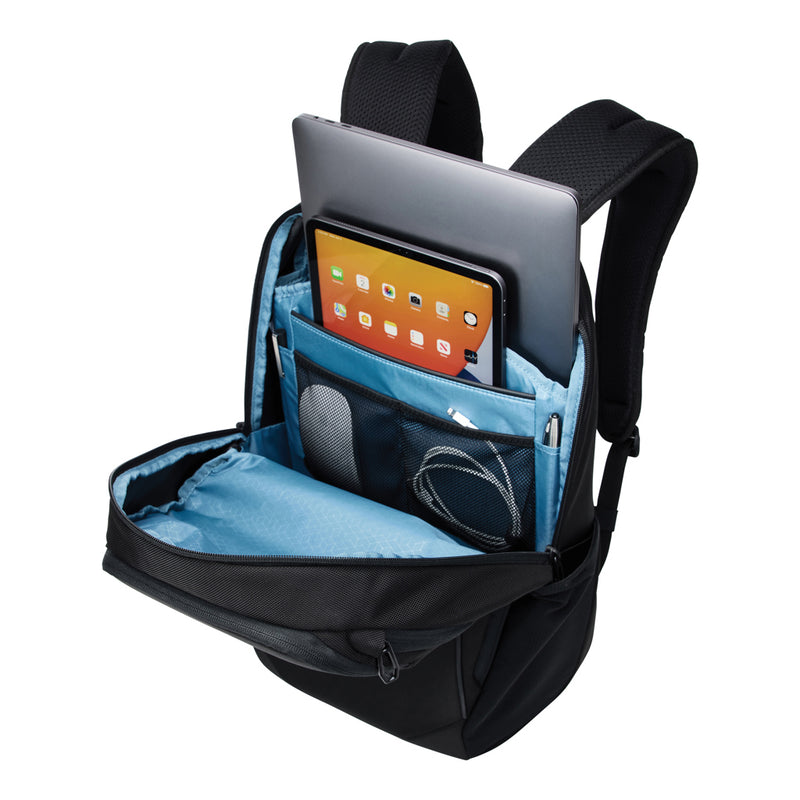 Load image into Gallery viewer, Thule Accent Recycled Backpack 23L in black with multiple compartments and padded shoulder straps, designed for everyday use.
