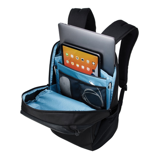 Thule Accent Recycled Backpack 23L in black with multiple compartments and padded shoulder straps, designed for everyday use.