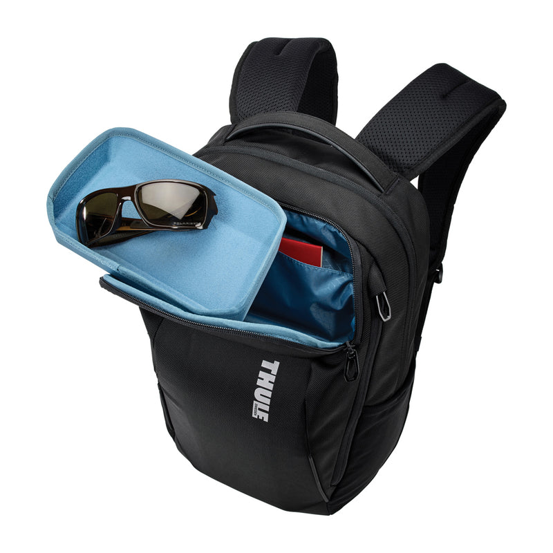 Load image into Gallery viewer, Thule Accent Recycled Backpack 23L in black with multiple compartments and ergonomic straps, designed for versatile travel and daily use.
