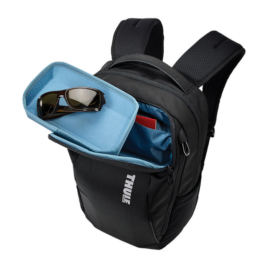 Thule Accent Recycled Backpack 23L in black with multiple compartments and ergonomic straps, designed for versatile travel and daily use.