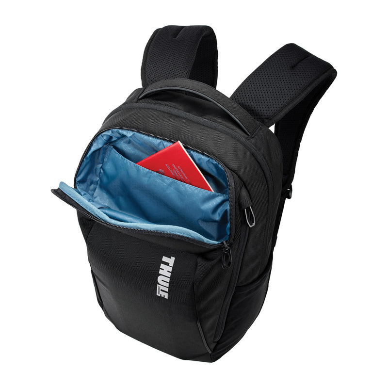 Load image into Gallery viewer, Thule Accent Recycled Backpack 23L in black with multiple compartments, padded shoulder straps, and eco-friendly recycled materials.
