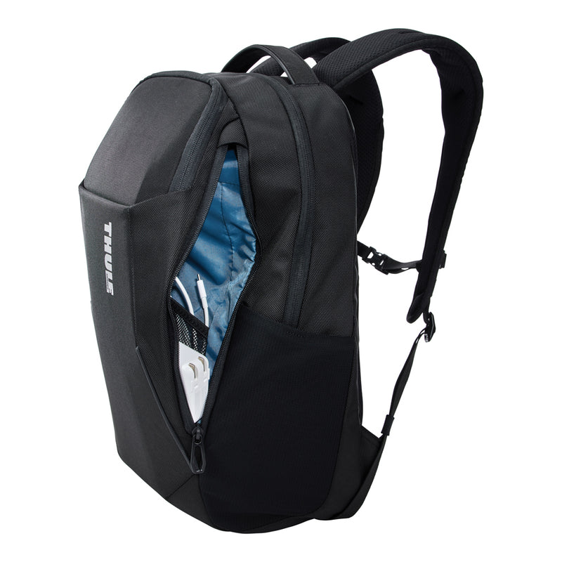 Load image into Gallery viewer, Thule Accent Recycled Backpack 23L in black with multiple compartments, designed for everyday travel and carrying essentials.
