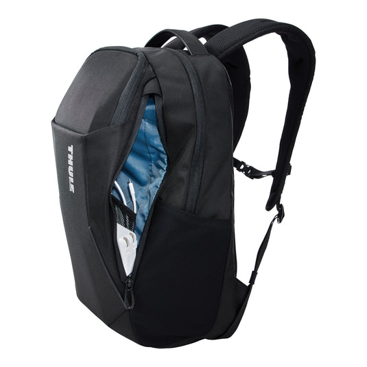 Thule Accent Recycled Backpack 23L in black with multiple compartments, designed for everyday travel and carrying essentials.
