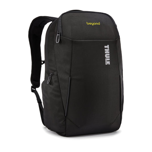 Thule Accent Recycled Backpack 23L in gray with padded shoulder straps and front zip pocket, designed for travel and daily use.