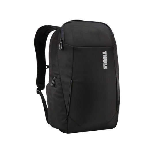Thule Accent Recycled Backpack 23L in black, showing front view with zippered compartments and padded shoulder straps.