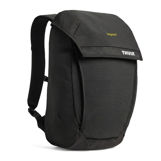 Thule Paramount 20L backpack in black with padded shoulder straps and multiple compartments, designed for travel and daily use.