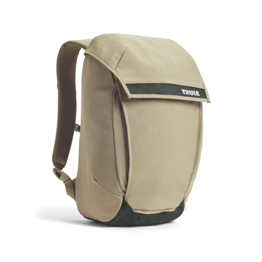 Thule Paramount 20L backpack showing front view with adjustable straps and spacious main compartment for travel and daily use.