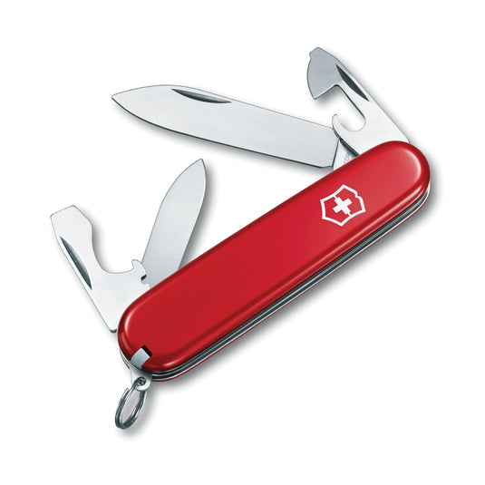 Victorinox Swiss Army Recruit pocket knife with 10 tools, showing open blades and multi-tool features on a neutral background.