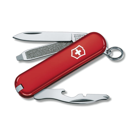 Small Victorinox Rally pocket knife with 9 tools, compact Swiss multi-tool in stainless steel with key features visible.