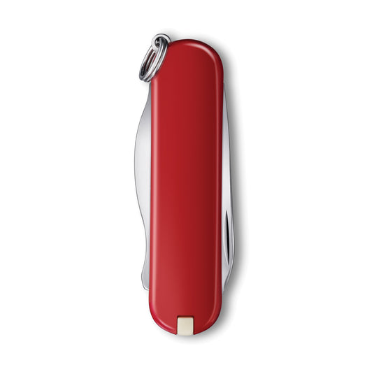Small Victorinox Rally pocket knife with 9 tools, compact multi-tool for everyday tasks and outdoor use.
