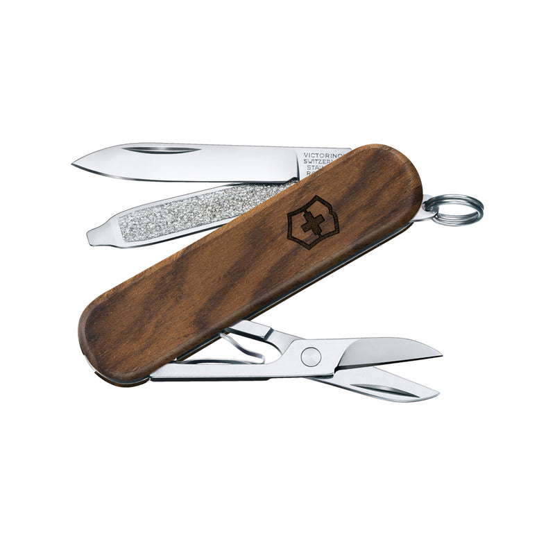 Load image into Gallery viewer, Victorinox Pocket Knife Classic SD with wood handle showing five tools including blade and scissors, compact multi-tool for everyday use
