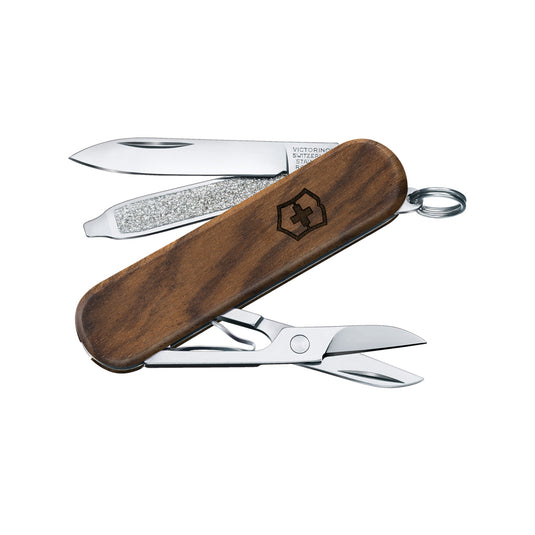 Victorinox Pocket Knife Classic SD with wood handle showing five tools including blade and scissors, compact multi-tool for everyday use