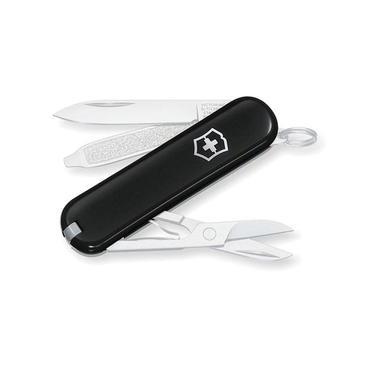 Victorinox Pocket Knife Classic SD with 7 tools, stainless steel handle, open blades, scissors, and screwdriver in a compact design.