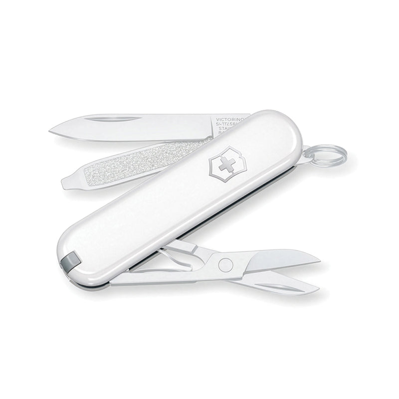 Load image into Gallery viewer, Victorinox Pocket Knife Classic SD with 7 functions, compact multi-tool featuring blades, scissors, and screwdrivers on a keychain.
