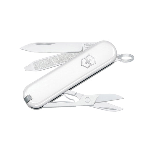Victorinox Pocket Knife Classic SD with 7 functions, compact multi-tool with scissors and blade, shown in close-up.