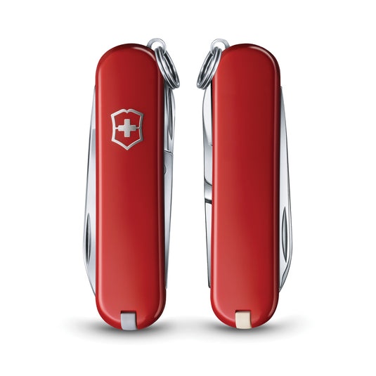 Victorinox Pocket Knife Classic SD with 7 functions, showing open multi-tool with blades and tools on a white background.