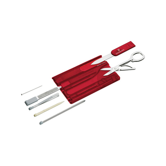 Victorinox Swiss Card Classic with 10 functions, compact multi-tool featuring blades, scissors, and screwdrivers in a slim design.