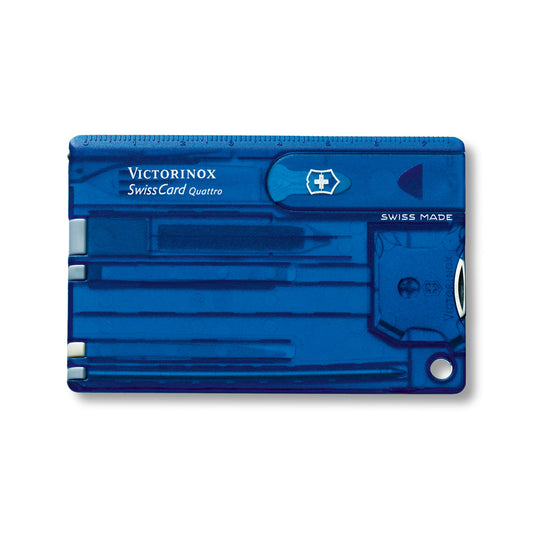 Victorinox Swiss Card Classic multi-tool with 10 functions, compact stainless steel card featuring blades, scissors, and screwdrivers.