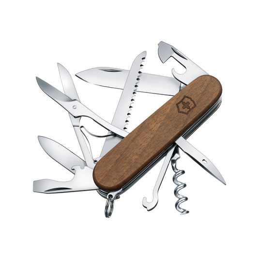 Victorinox Pocket Knife Huntsman Wood with 13 functions, featuring wooden handle and various tools, on a white background.
