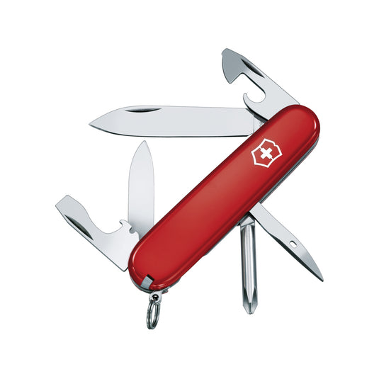 Victorinox Swiss Army Tinker pocket knife with 12 functions, compact multi-tool in stainless steel with various blades and screwdrivers.