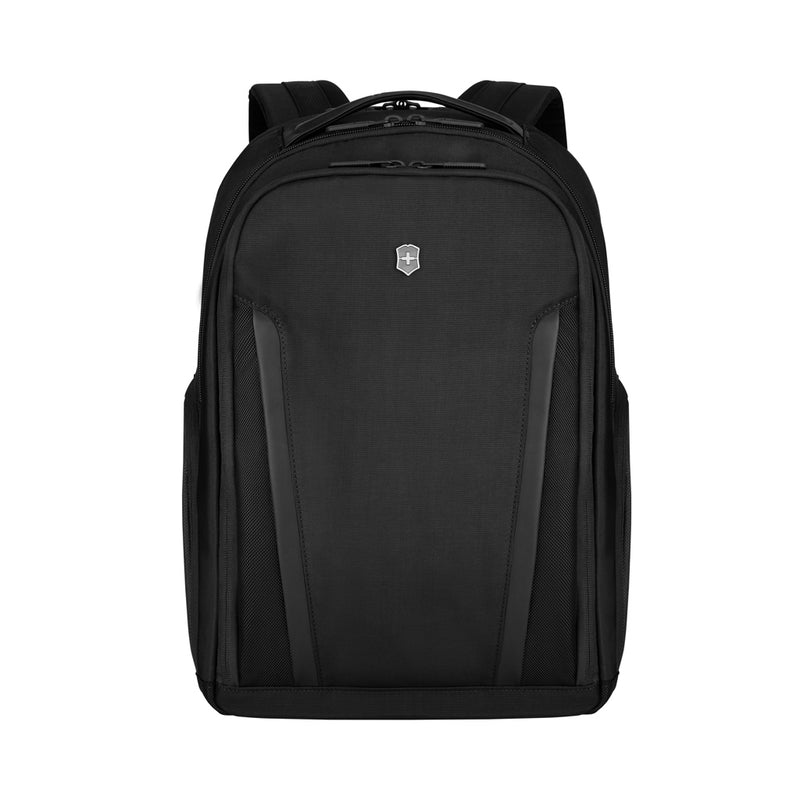 Load image into Gallery viewer, Victorinox Professional Essentials laptop backpack in black with multiple compartments and padded shoulder straps, designed for travel and work.
