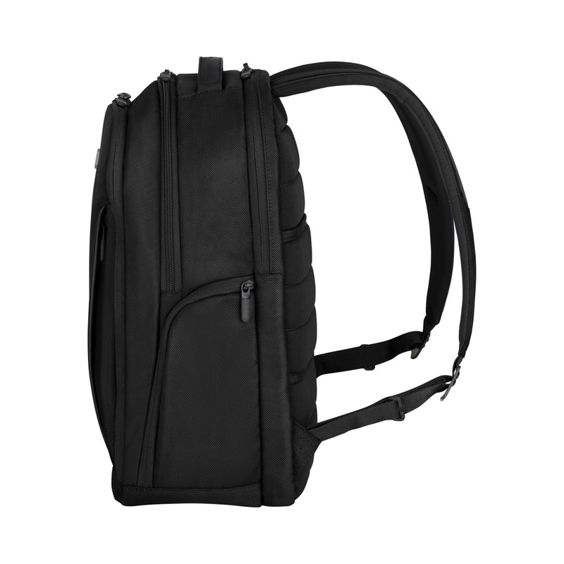 Load image into Gallery viewer, Victorinox Professional Essentials laptop backpack in black with multiple compartments and padded shoulder straps for travel and daily use.
