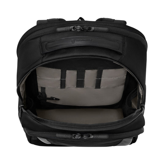 Victorinox Professional Essentials laptop backpack with multiple compartments, padded shoulder straps, and durable fabric.