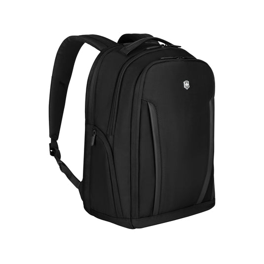 Victorinox Professional Essentials laptop backpack showing multiple compartments and padded straps for travel and work.