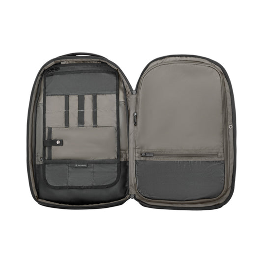 Victorinox Altmont Professional Deluxe Laptop Backpack showing multiple compartments and padded straps for travel and daily use.