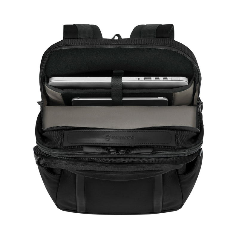 Load image into Gallery viewer, Victorinox Altmont Professional Deluxe Laptop Backpack showing multiple compartments and padded shoulder straps.
