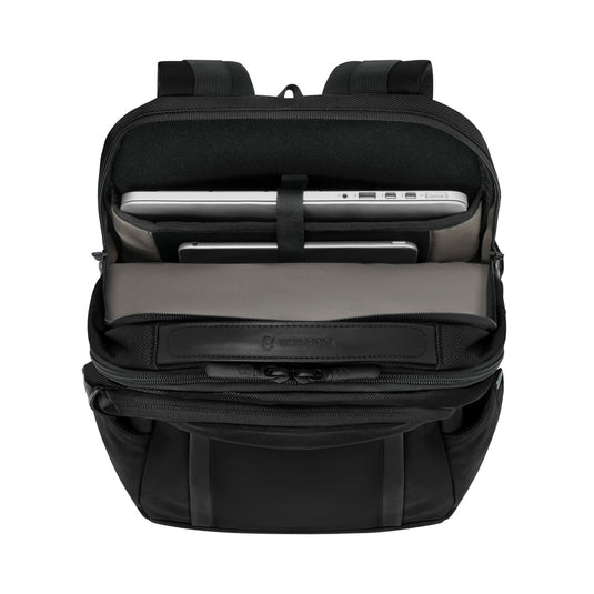 Victorinox Altmont Professional Deluxe Laptop Backpack showing multiple compartments and padded shoulder straps.