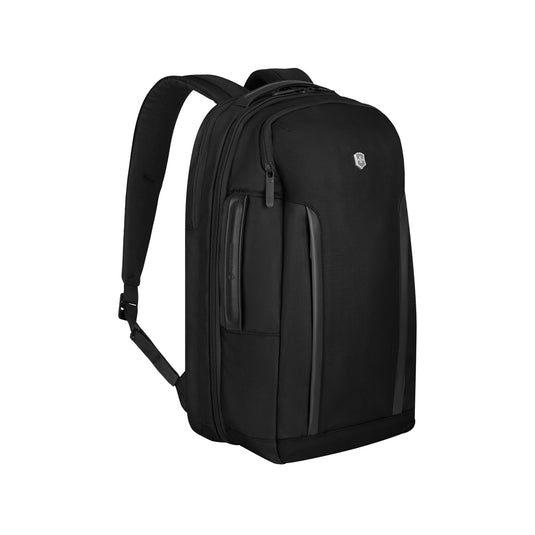 Victorinox Altmont Professional Deluxe Laptop Backpack showing multiple compartments, padded straps, and durable black fabric.