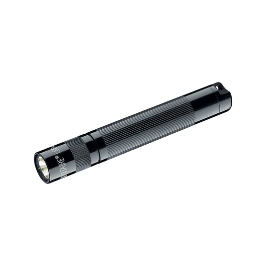 Maglite Solitaire LED mini torch held in hand, compact tools and torch with bright LED light, black metal body.