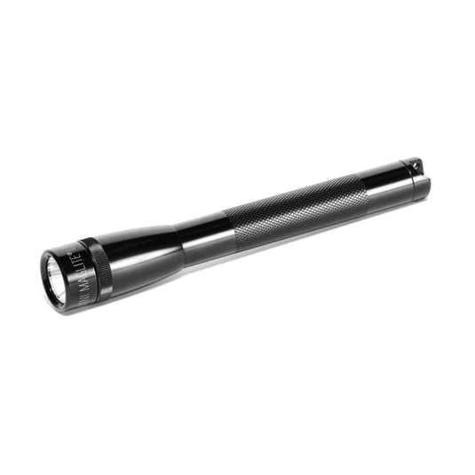 Mini Pro AA LED torch by MAGLITE, compact portable flashlight with a bright LED bulb, shown with a black body and metal details.