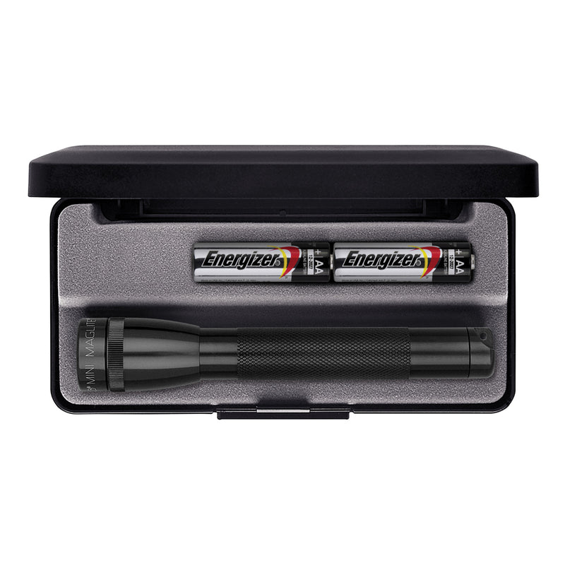 Load image into Gallery viewer, MAGLITE Mini AA LED torch held in hand, compact tools and flashlight with bright LED light, black body, and textured grip.
