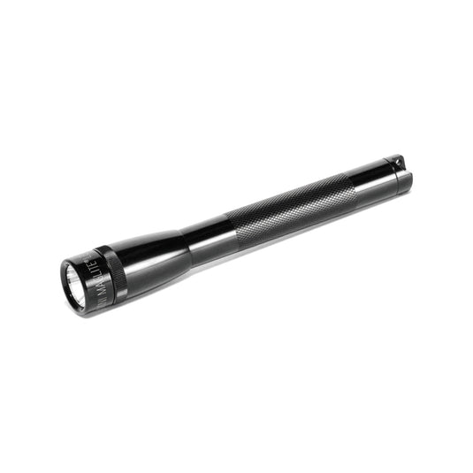 Maglite Mini AA LED torch in black, compact handheld tool with adjustable beam and textured grip for outdoor or emergency use.