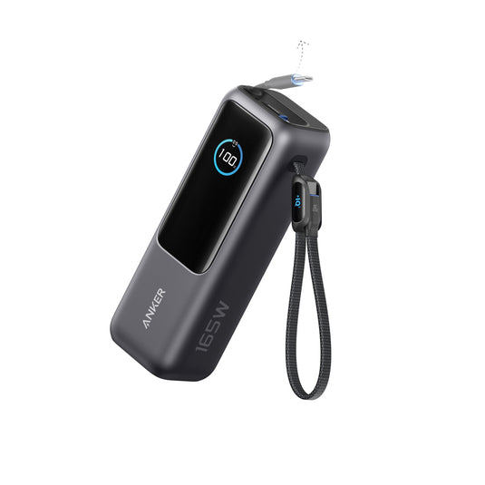Anker Power Bank 25,000mAh 165W with built-in retractable cable for phone and tablet charging, portable electronic accessory.