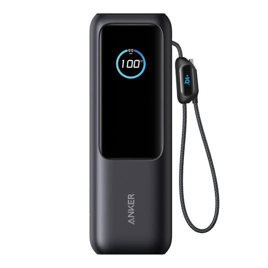 Anker Power Bank 25,000mAh 165W with built-in retractable cable, portable phone and tablet charging accessory in black